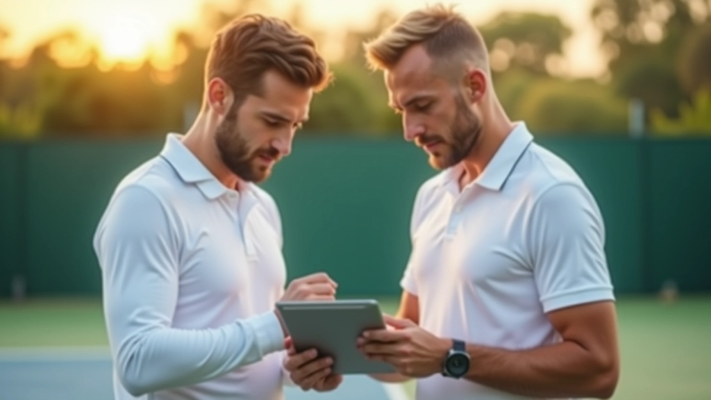 مدرب تنس يراجع استراتيجية مع لاعب، تحليل المباراة، بيئة احترافية