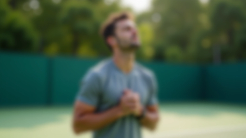 لاعب تنس يقف بهدوء مع عينيه مغمضة يمارس تقنيات التنفس العميق قبل المباراة